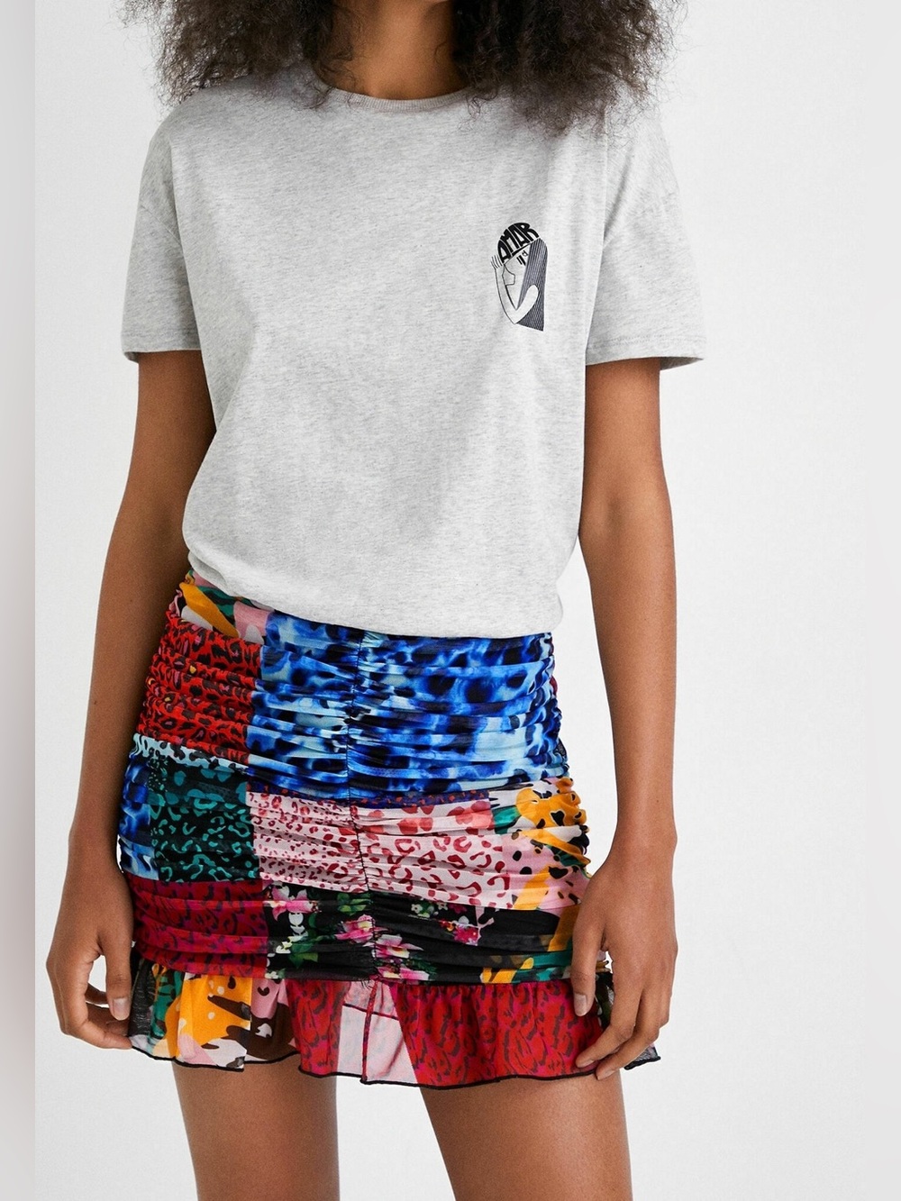 Desigual T-Shirt Dress with Multi-Color Ruched Mini Skirt NWT